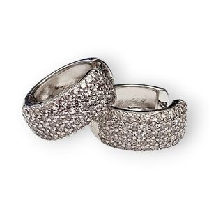 White Topaz Hoop Earrings Sterling Wide Huggie Pave Gemstone 925 Silver 3/4"